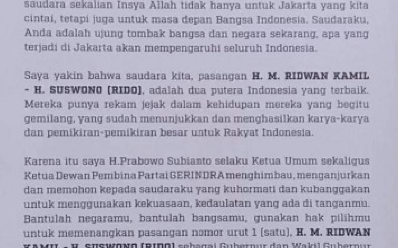 Surat Prabowo Ajak Pemilih Coblos Rido Ganggu Masa Tenang