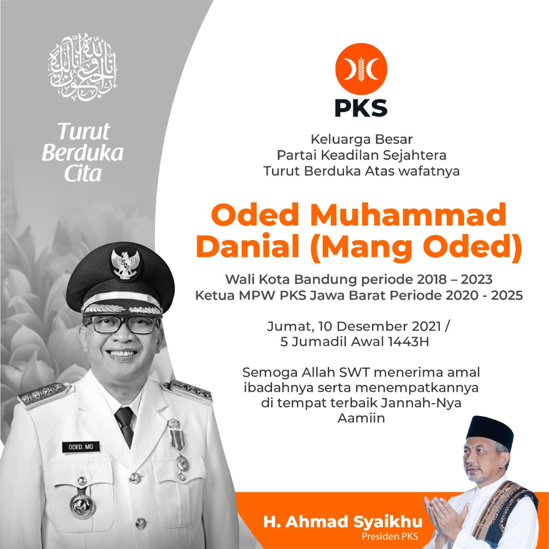 PKS Merasakan Kehilangan atas Berpulangnya Wali Kota Bandung Mang Oded