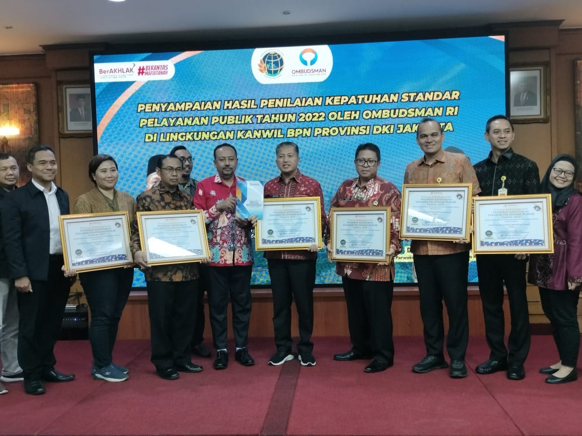Kanwil BPN DKI dan Kantah Se-DKI Jakarta Raih Penghargaan Kepatuhan Tinggi dari Ombudsman